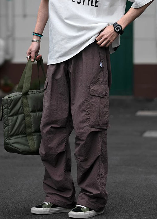 Casual Purple Button Pockets Cotton Men Pants Elastic Waist Spring