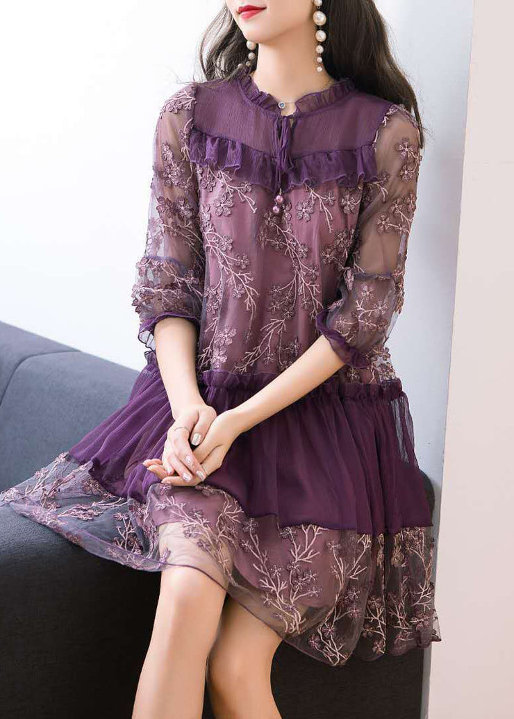 Casual Purple Embroidered Patchwork Chiffon Mini Dress Summer