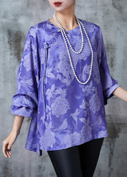 Casual Purple Jacquard Silk Oriental Shirt Top Fall