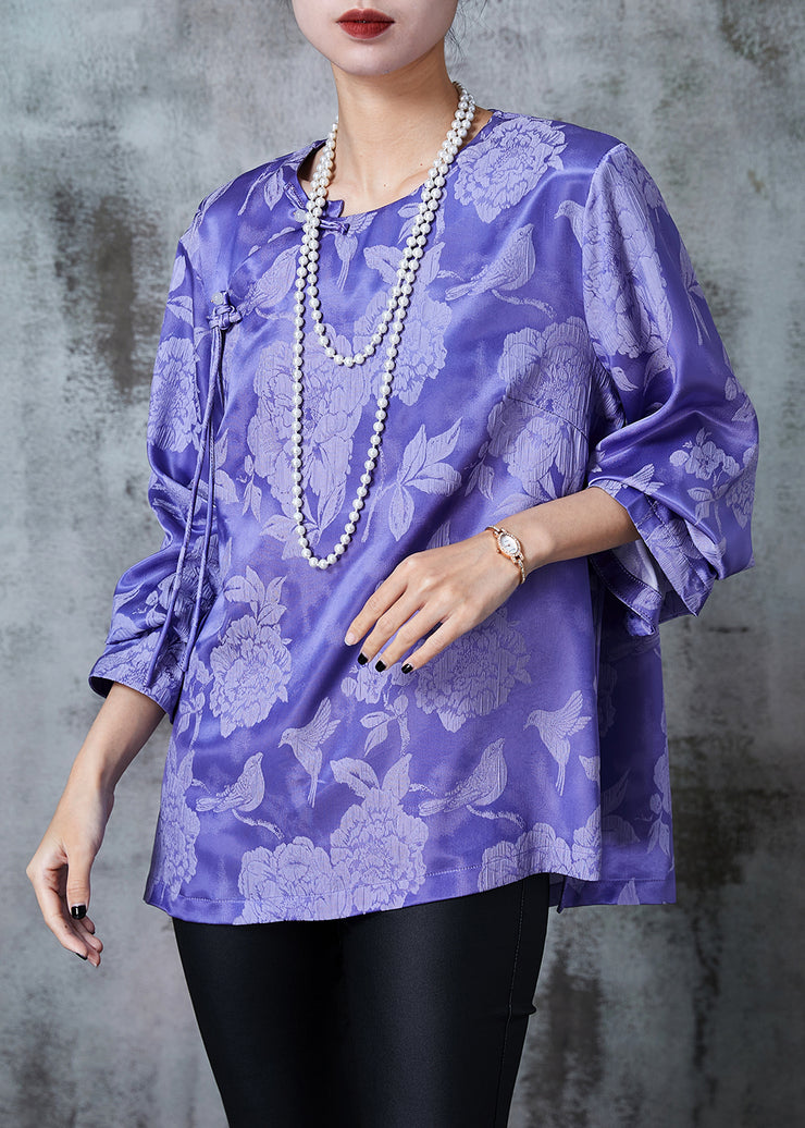 Casual Purple Jacquard Silk Oriental Shirt Top Fall
