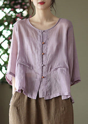 Casual Purple O-Neck Button Linen Shirt Long Sleeve