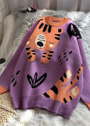 Casual Purple O-Neck Cartoon Print Thick Knit Sweater Tops Winter