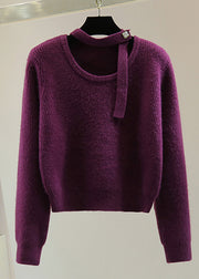 Casual Purple O-Neck Cozy Cotton Knit Sweaters Winter