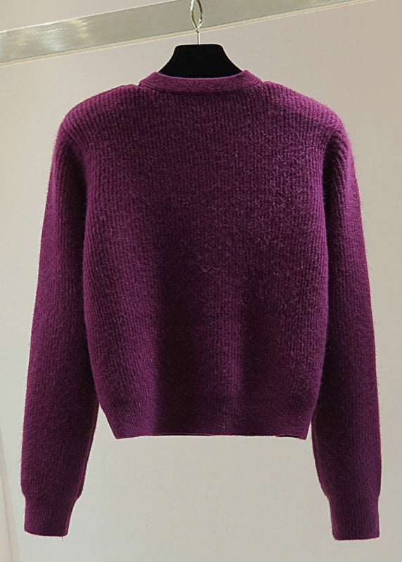 Casual Purple O-Neck Cozy Cotton Knit Sweaters Winter