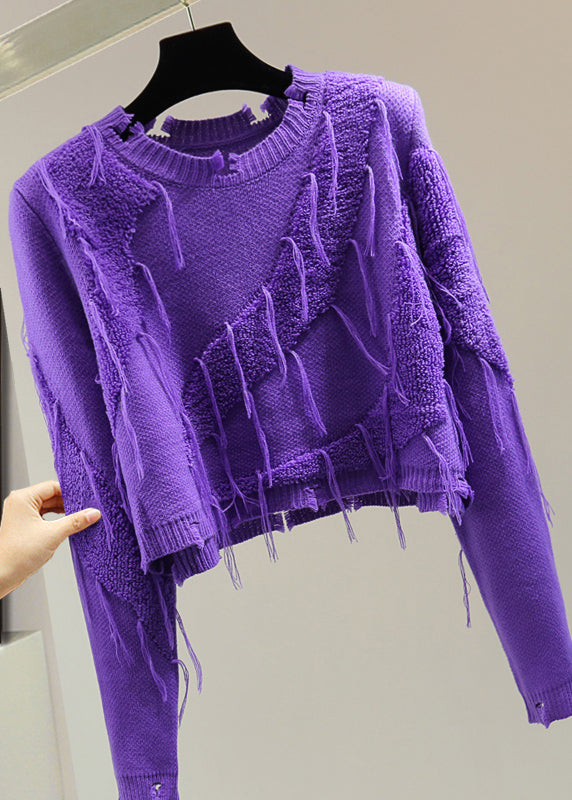 Casual Purple O-Neck Ripped Tassel Cotton Knit Sweater Winter