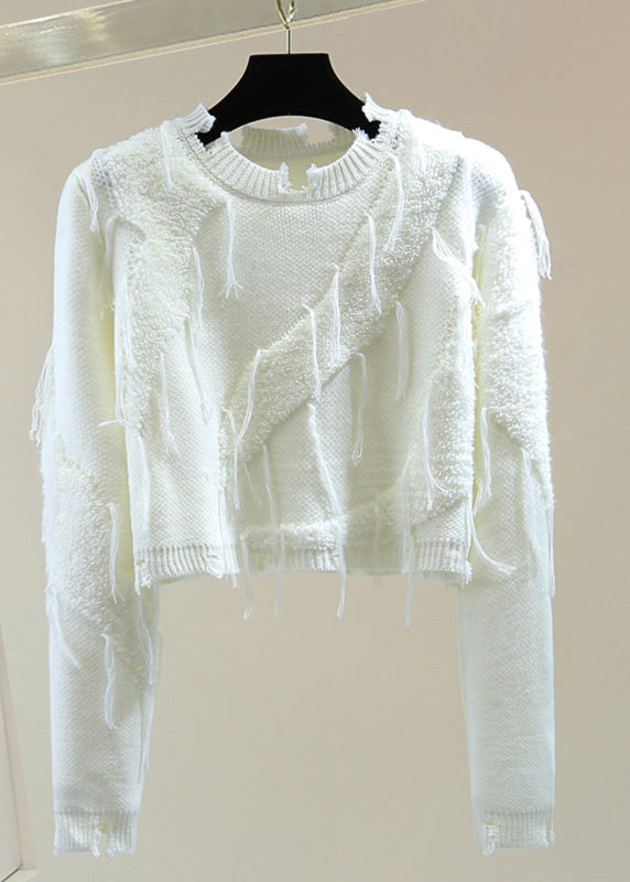 Casual Purple O-Neck Ripped Tassel Cotton Knit Sweater Winter