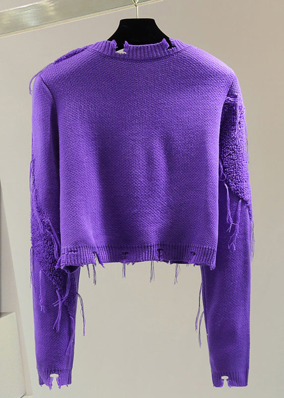 Casual Purple O-Neck Ripped Tassel Cotton Knit Sweater Winter