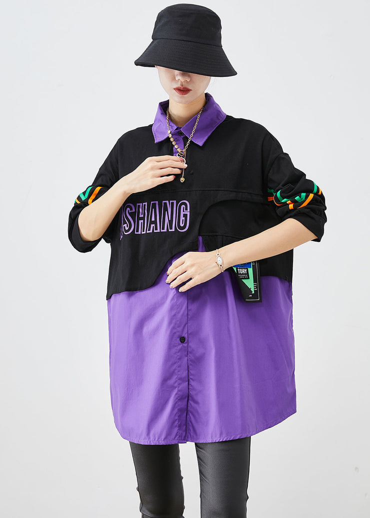 Casual Purple Oversized Patchwork Cotton Fake Two Piece Sweatshirts Top Fall