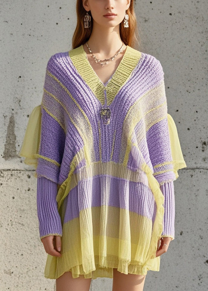 Casual Purple Oversized Patchwork Tulle Knitted Dress Fall