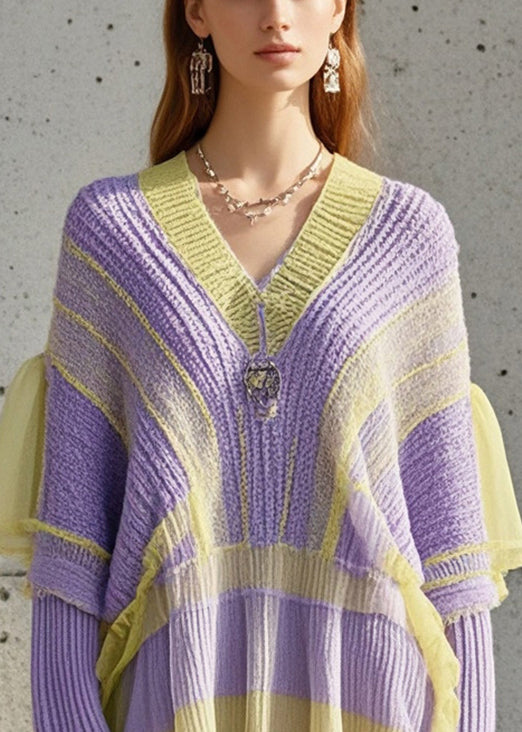 Casual Purple Oversized Patchwork Tulle Knitted Dress Fall