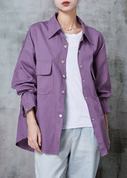 Casual Purple Oversized Pockets Cotton Blouses Spring