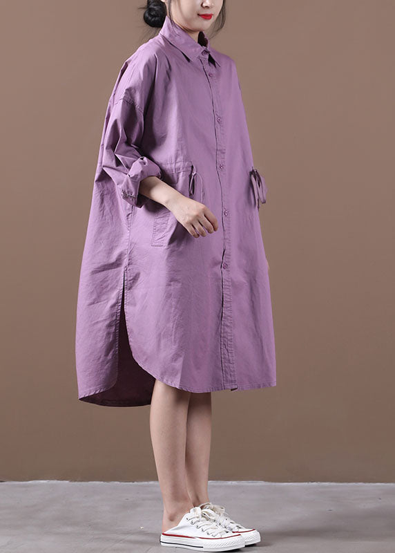 Casual Purple Peter Pan Collar Button Cotton Shirt Dresses Long Sleeve