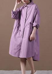 Casual Purple Peter Pan Collar Button Cotton Shirt Dresses Long Sleeve