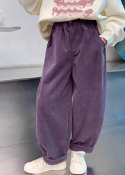 Casual Purple Pockets Elastic Waist Corduroy Kids Straight Pants Spring