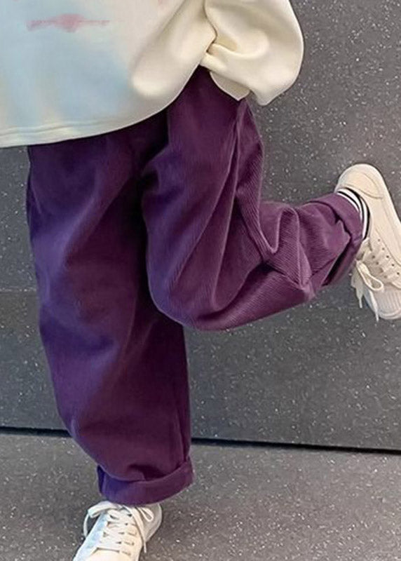 Casual Purple Pockets Elastic Waist Corduroy Kids Straight Pants Spring