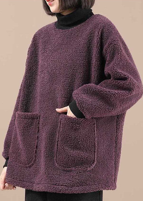 Casual Purple Pockets Patchwork Faux Fur Fleece Sweatshirt Long Sleeve