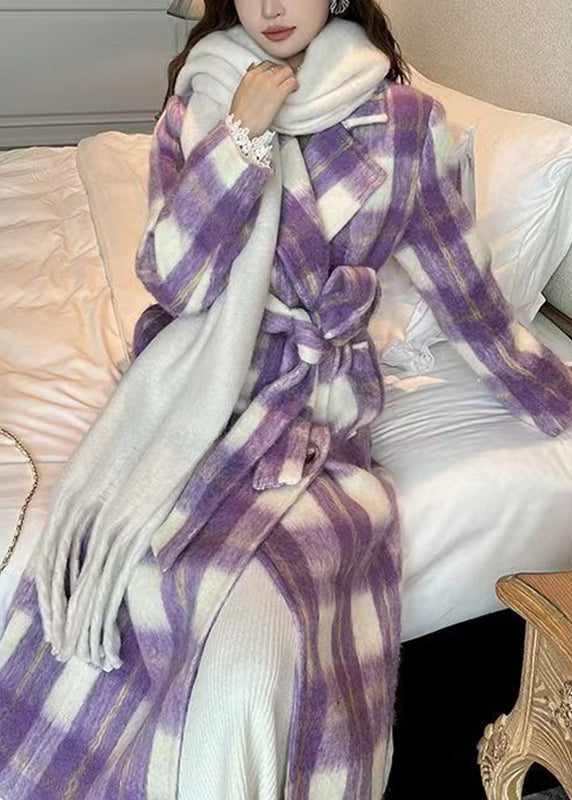 Casual Purple Pockets Plaid Patchwork Long Woolen Coats Winter