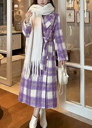 Casual Purple Pockets Plaid Patchwork Long Woolen Coats Spring