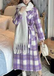 Casual Purple Pockets Plaid Patchwork Long Woolen Coats Spring