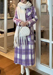 Casual Purple Pockets Plaid Patchwork Long Woolen Coats Spring