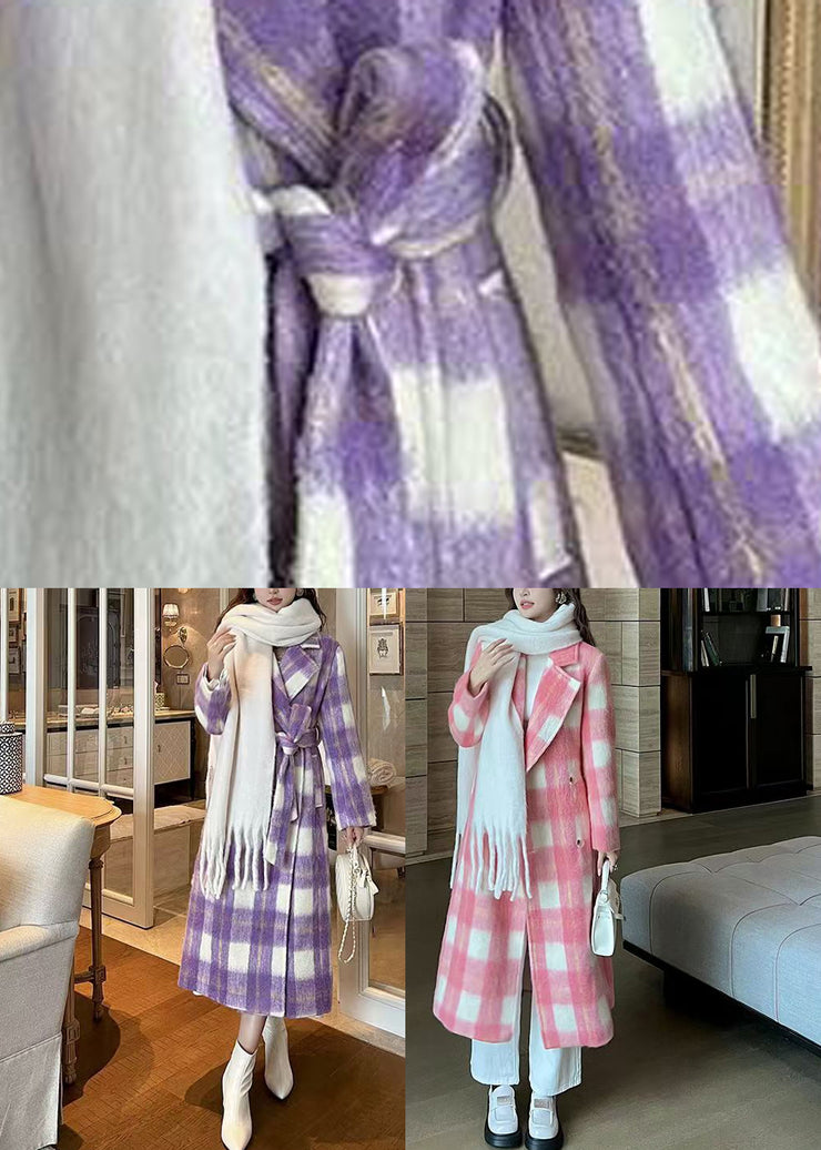 Casual Purple Pockets Plaid Patchwork Long Woolen Coats Spring