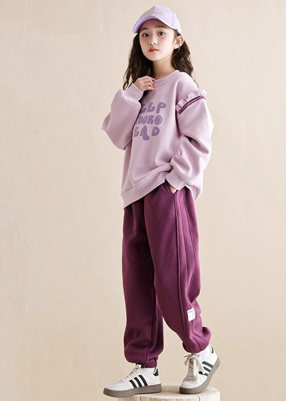 Casual Purple Ruffled Patchwork Kids Warm Fleece Sweatshirt And Beam Pants Two Piece Set Spring