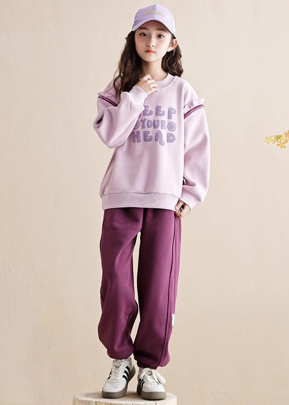 Casual Purple Ruffled Patchwork Kids Warm Fleece Sweatshirt And Beam Pants Two Piece Set Spring