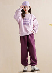 Casual Purple Ruffled Patchwork Kids Warm Fleece Sweatshirt And Beam Pants Two Piece Set Spring