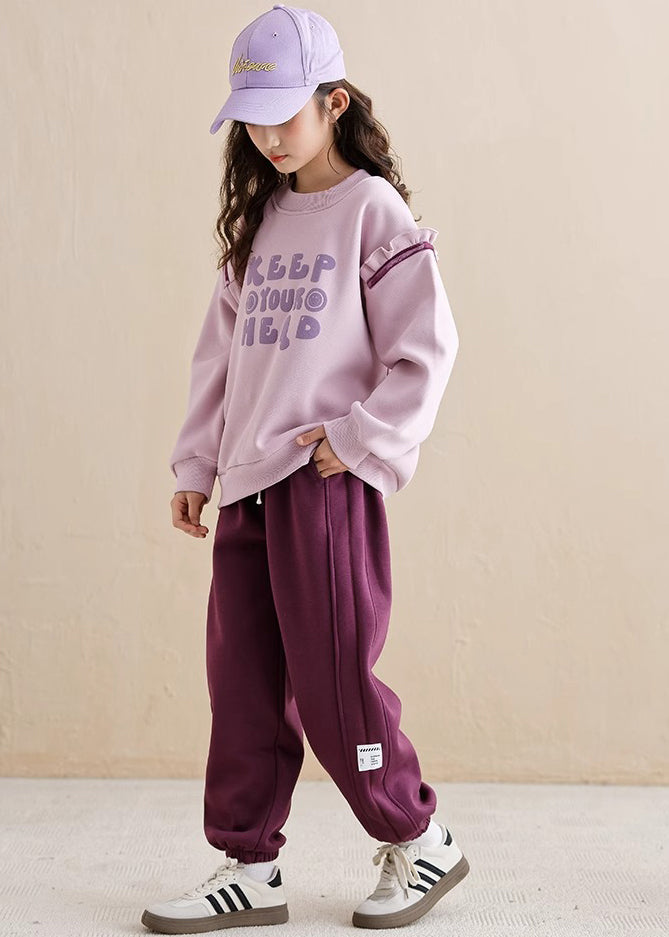 Casual Purple Ruffled Patchwork Kids Warm Fleece Sweatshirt And Beam Pants Two Piece Set Spring