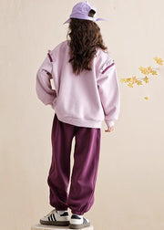 Casual Purple Ruffled Patchwork Kids Warm Fleece Sweatshirt And Beam Pants Two Piece Set Spring