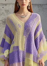 Casual Purple Ruffled Patchwork Knit Sweater Dress Fall