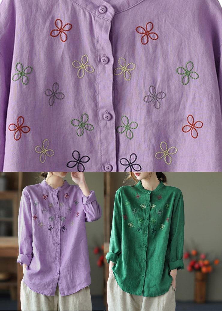 Casual Purple Stand Collar Embroideried Linen Shirt Long Sleeve