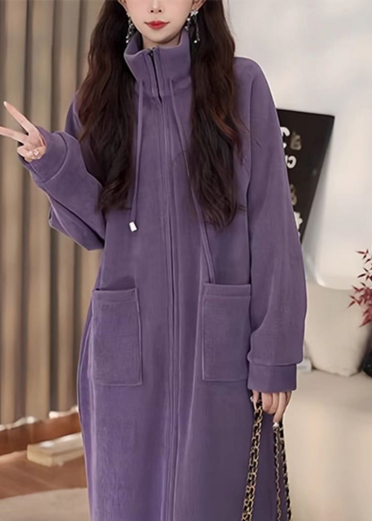 Casual Purple Stand Collar Zippered Pockets Patchwork Corduroy Long Coats Winter