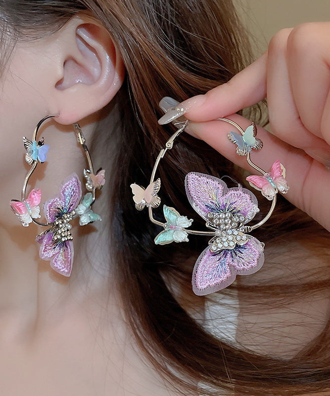 Casual Purple Sterling Silver Alloy Zircon Butterfly Love Hoop Earrings