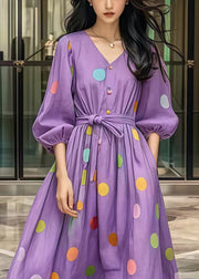 Casual Purple Tie Waist Print Cotton Robe Dresses Fall