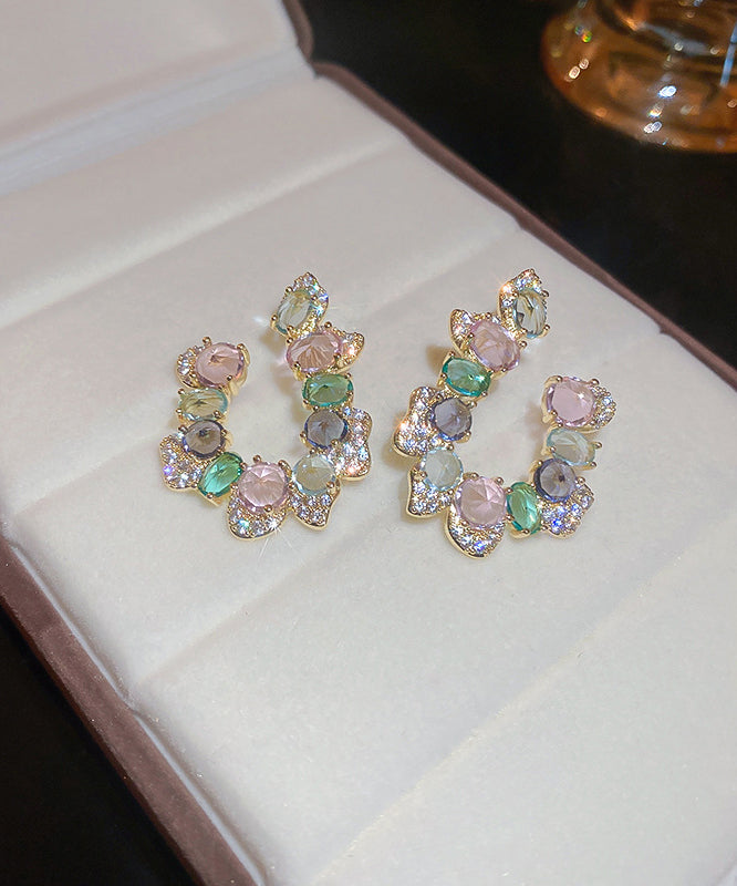 Casual Rainbow Copper Zircon Crystal Asymmetric U Shaped Hoop Earrings