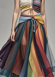 Casual Rainbow High Waist Tie Waist Chiffon Maxi Skirt Summer