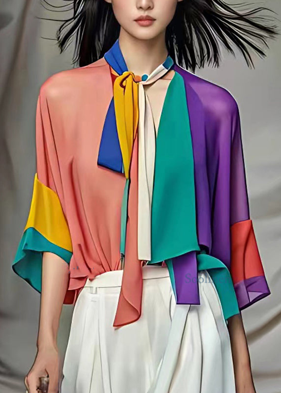 Casual Rainbow V Neck Bow Chiffon Shirt Half Sleeve