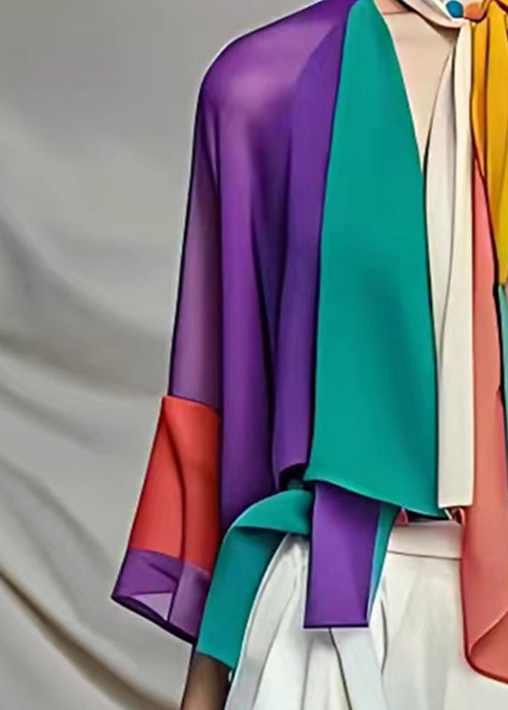 Casual Rainbow V Neck Bow Chiffon Shirt Half Sleeve