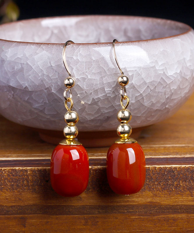 Casual Red 14K Gold Agate Bucket Beads Drop Earrings