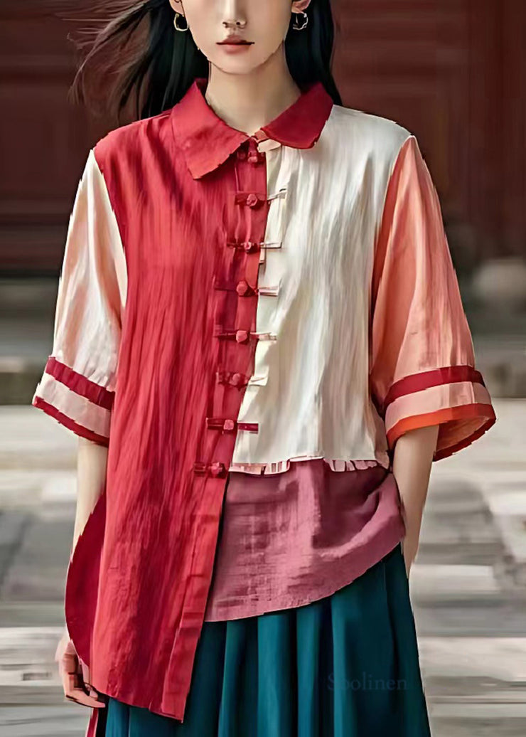 Casual Red Asymmetrical Patchwork Chinese Button Linen Shirt Top Summer