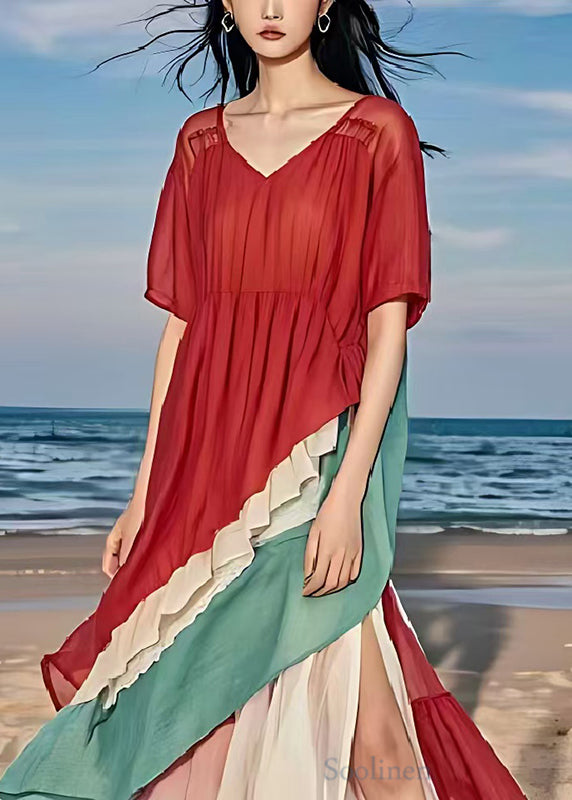 Casual Red Asymmetrical Patchwork Cotton Maxi Dresses Summer