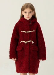 Casual Red Button Kids Faux Fur Hooded Coat Winter