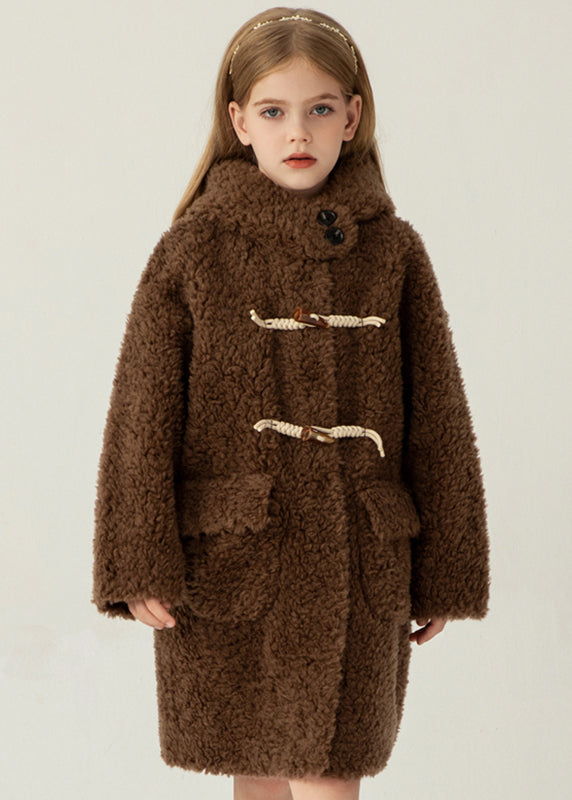 Casual Red Button Kids Faux Fur Hooded Coat Winter