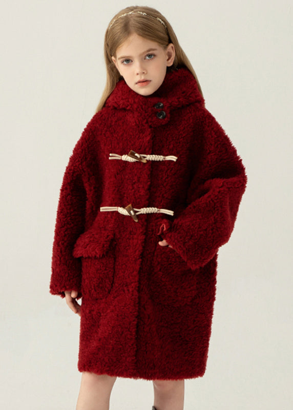 Casual Red Button Kids Faux Fur Hooded Coat Winter