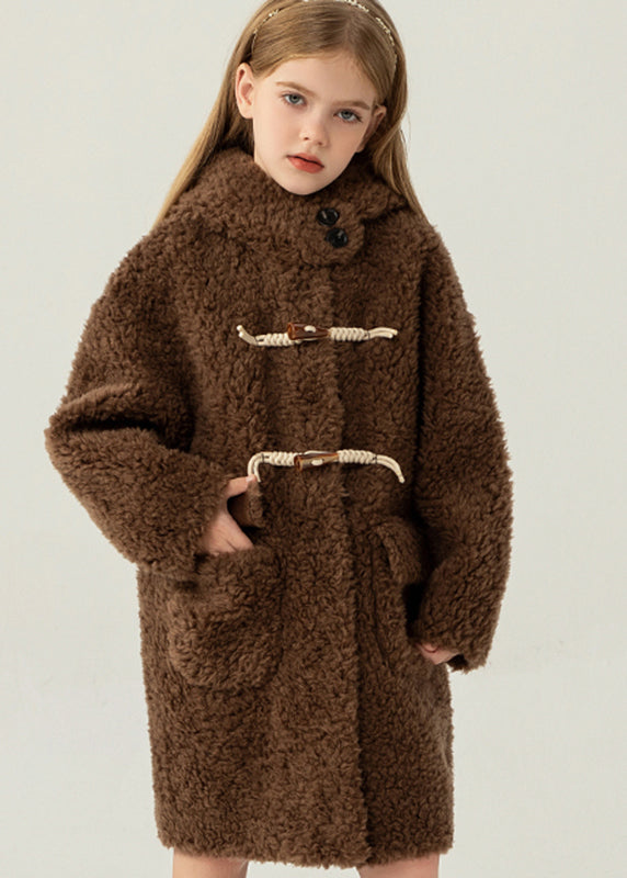 Casual Red Button Kids Faux Fur Hooded Coat Winter