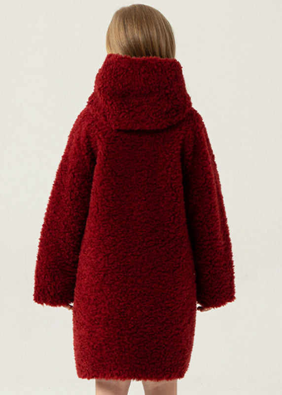 Casual Red Button Kids Faux Fur Hooded Coat Winter