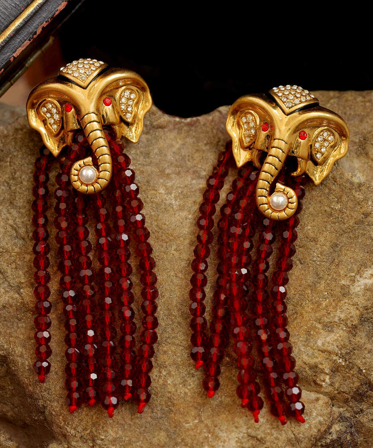 Casual Red Copper 14K Gold Elephant Pearl Tassel Drop Earrings