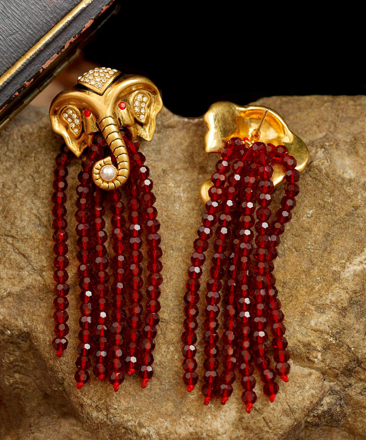 Casual Red Copper 14K Gold Elephant Pearl Tassel Drop Earrings