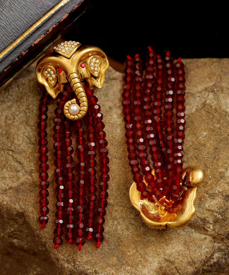 Casual Red Copper 14K Gold Elephant Pearl Tassel Drop Earrings